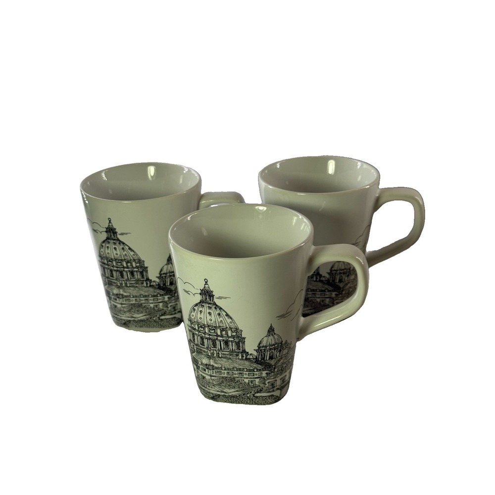 Set of 3 222 Fifth City Scenes Black White Coffee Mugs Rome St Peter's Basilica